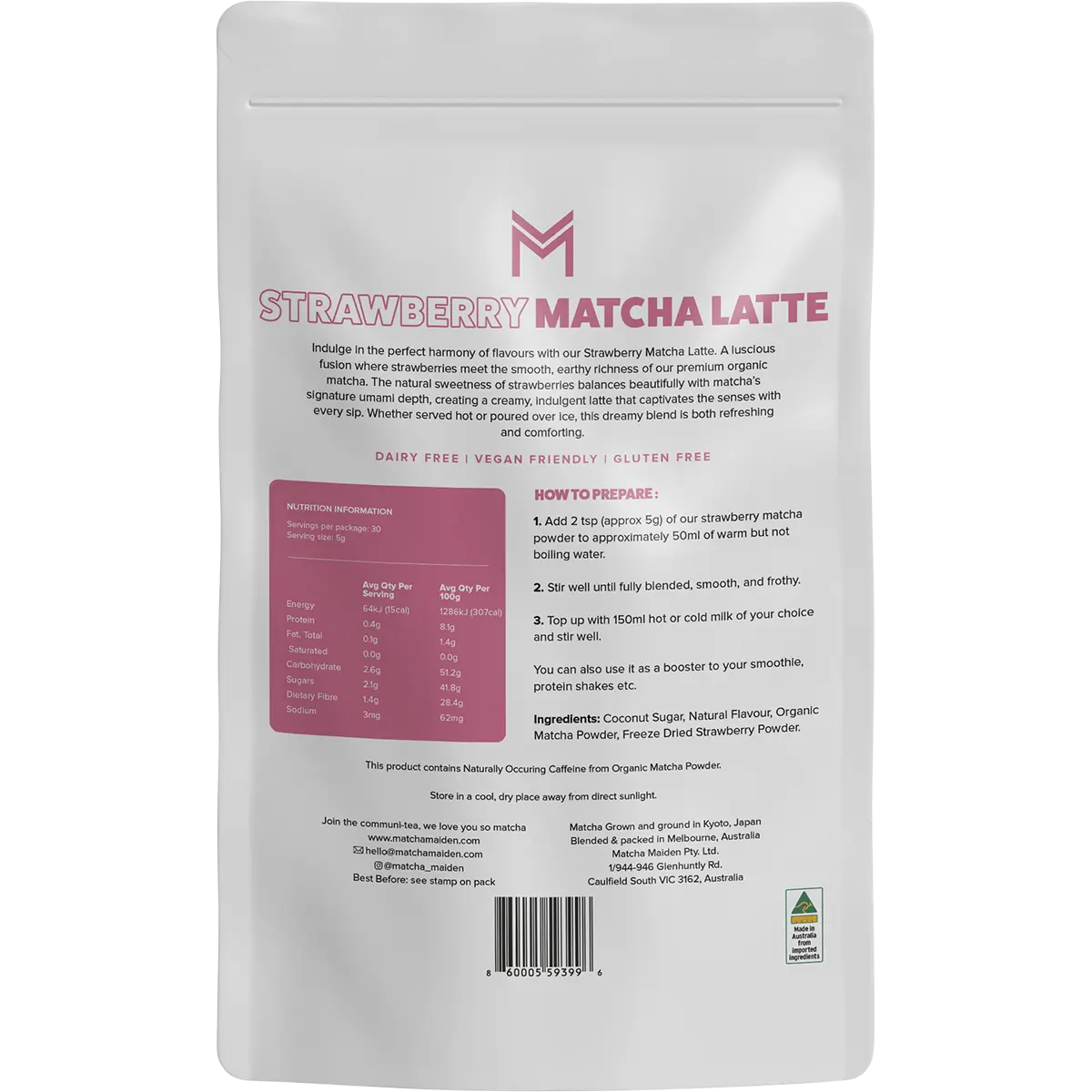 Matcha Maiden Strawberry Matcha Latte 150g — back pack image (UHP)
