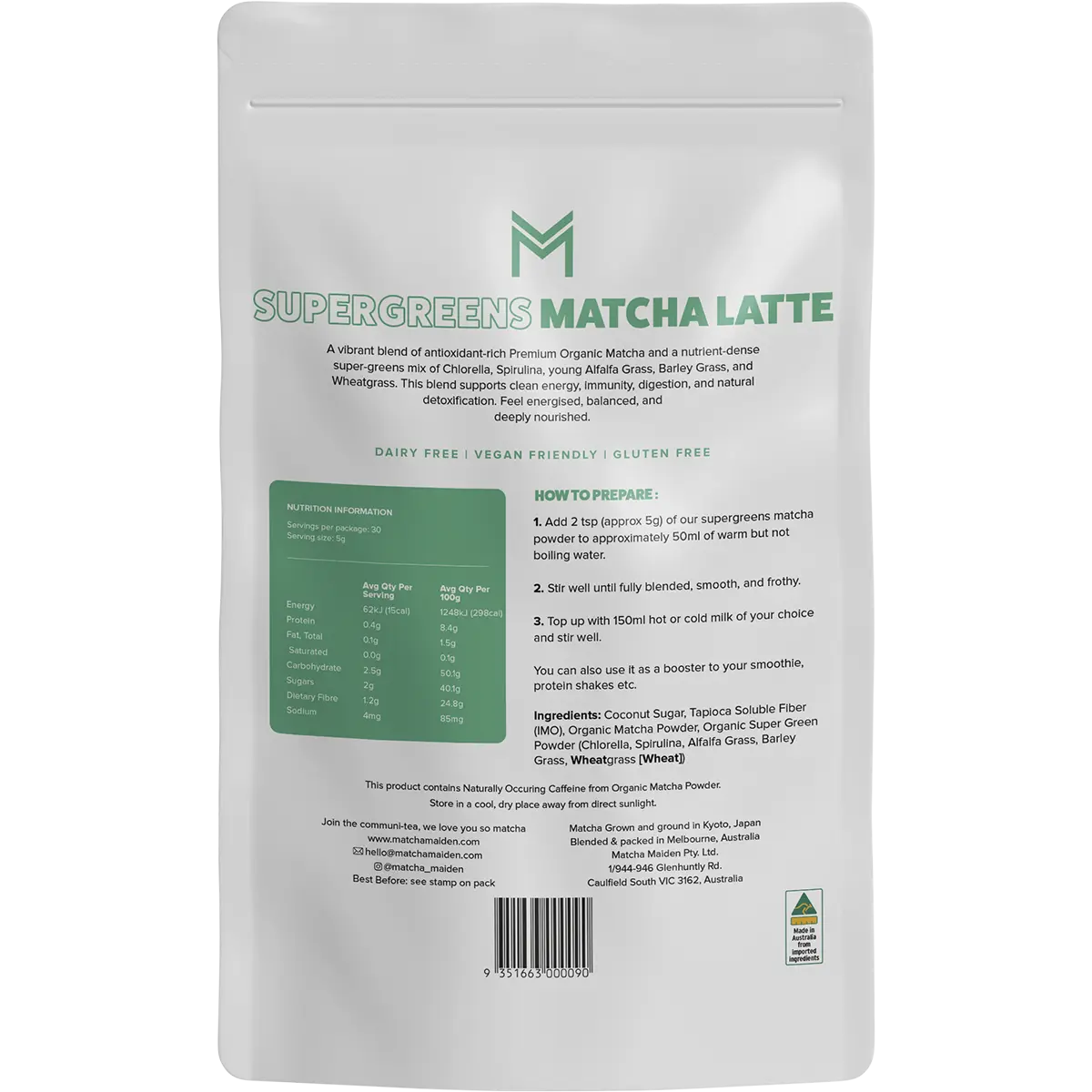 Matcha Maiden Supergreens Matcha Latte 150g — back pack image (UHP)