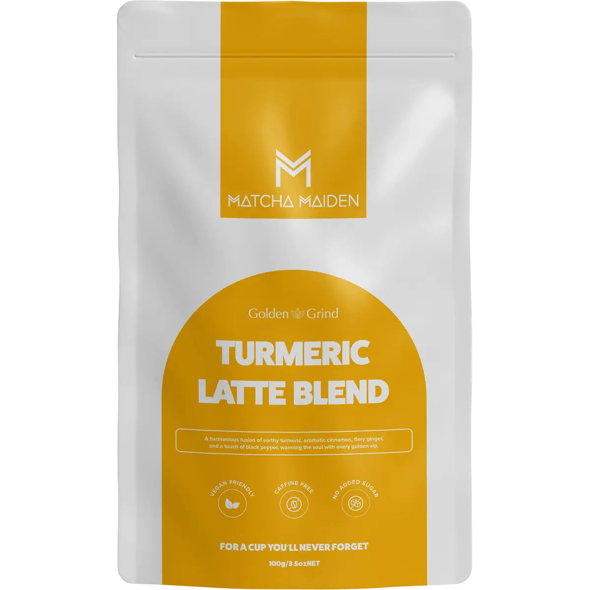 Matcha Maiden Golden Grind – Turmeric Latte Blend – 100G — front pack image (UHP)