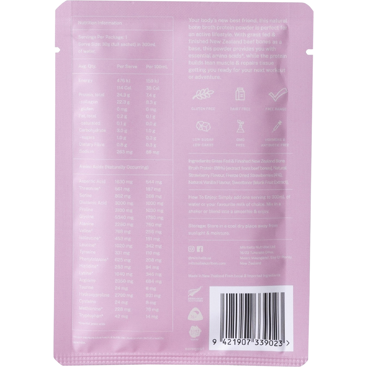 Mitchells Bone Broth Protein Real Strawberry 30g front image
