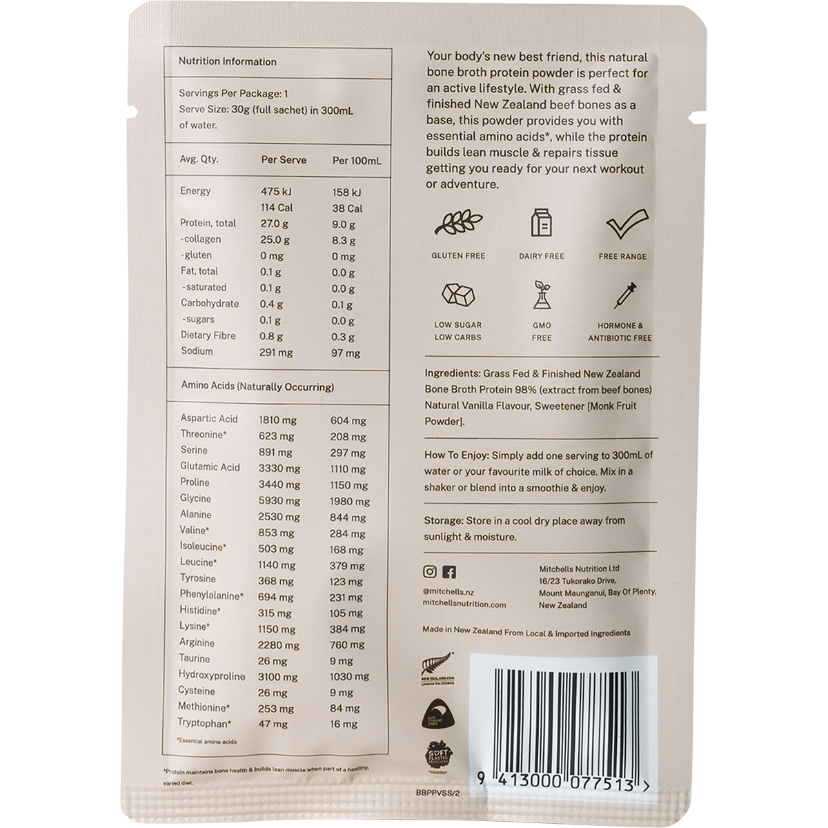 Mitchells Bone Broth Protein Vanilla 30g back image