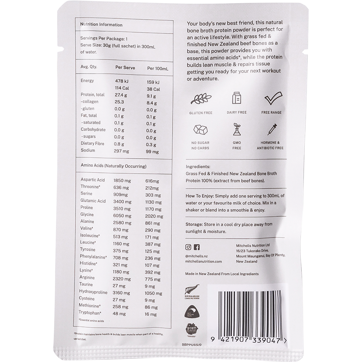 Mitchells Bone Broth Protein Unflavoured 30g back image