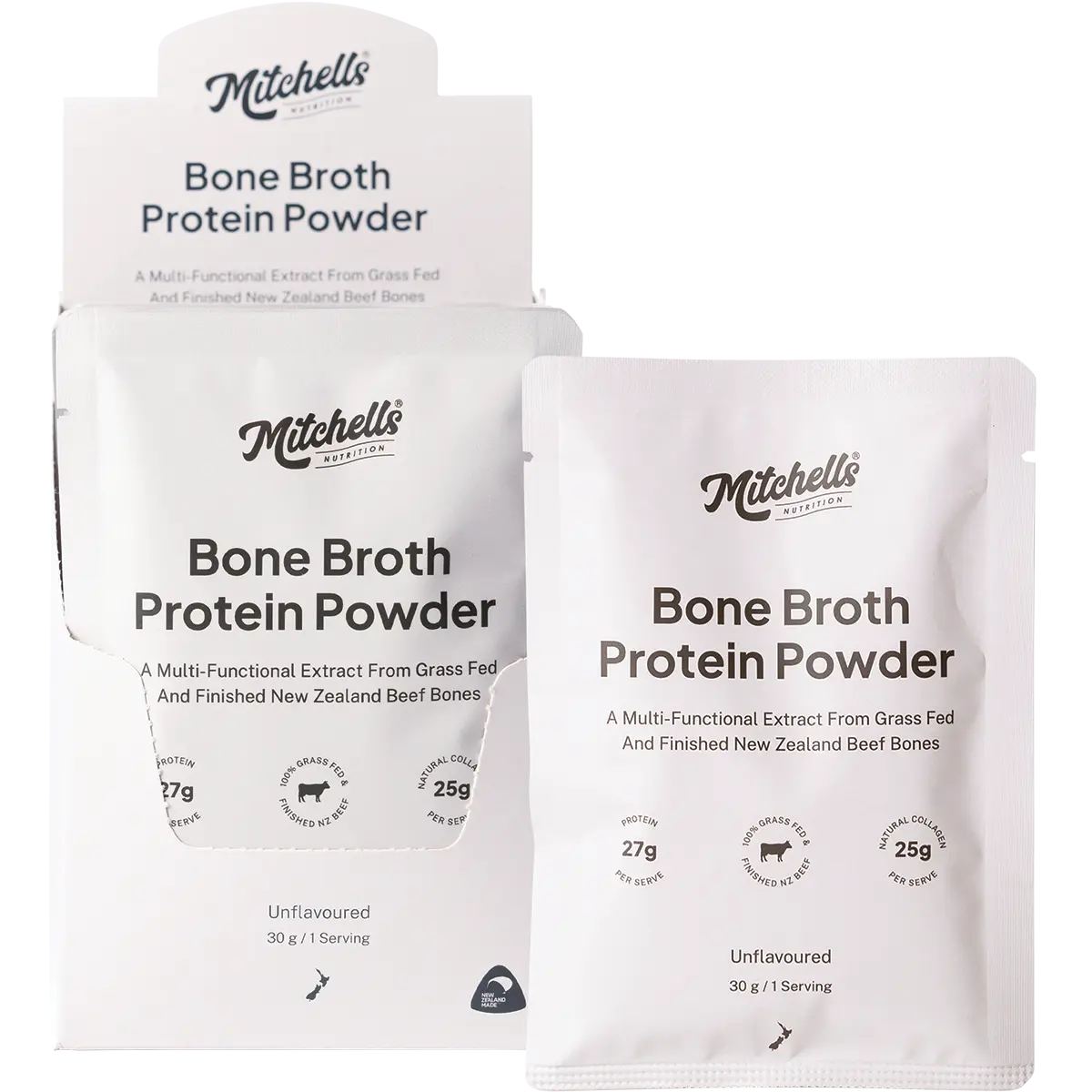 Mitchells Nutrition Bone Broth Protein Powder 30g Sachet — front pack image (UHP)