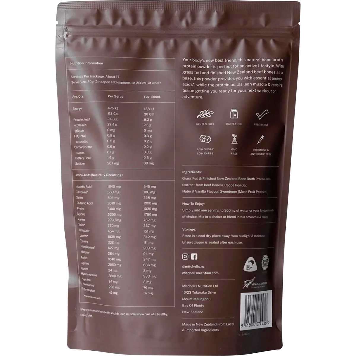 Mitchells Nutrition Bone Broth Protein Powder Chocolate — back pack image (UHP)