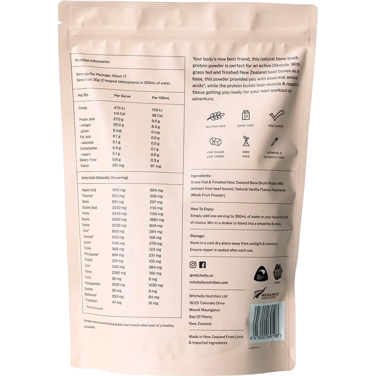 Mitchells Nutrition Bone Broth Protein Powder Vanilla — back pack image (UHP)