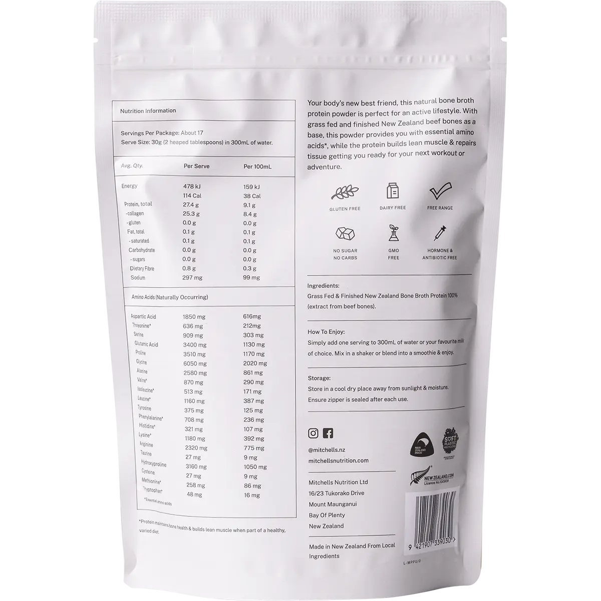Mitchells Nutrition Bone Broth Protein Powder Unflavoured — back pack image (UHP)