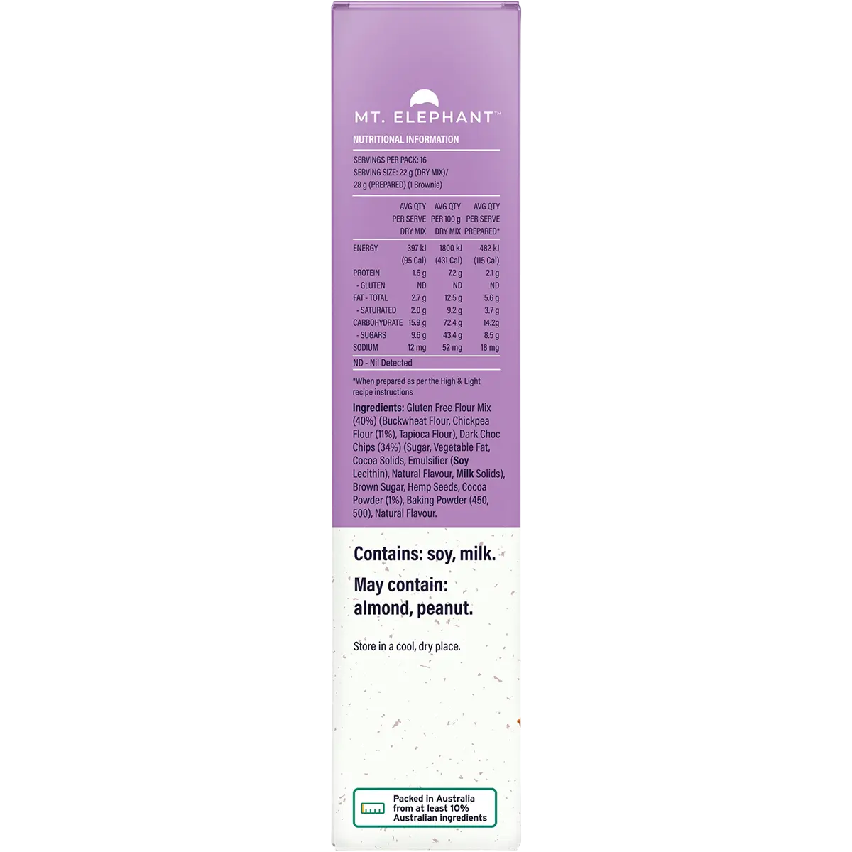 Mt Elephant Wholefood Brownie Mix Choc Chunk 350g — side pack image (UHP)