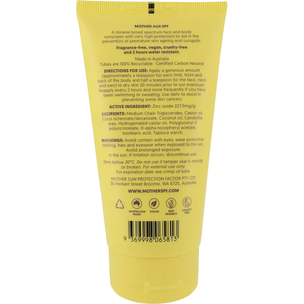 MOTHER SPF Mineral Sunscreen SPF50+ 120g — back pack image (UHP)
