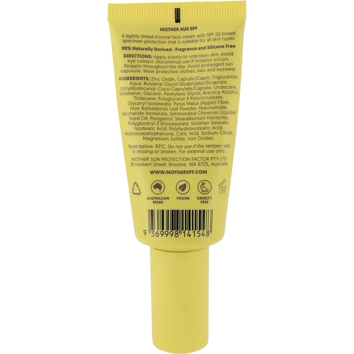 MOTHER SPF Tinted Base Mineral SPF50 50g — back pack image (UHP)