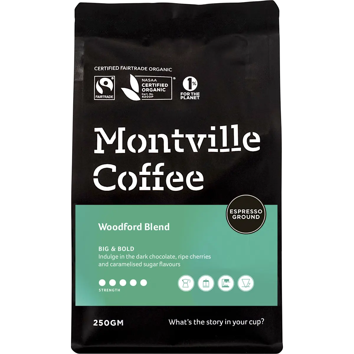 Montville Coffee Coffee Ground Espresso Woodford Blend — front pack image (UHP)