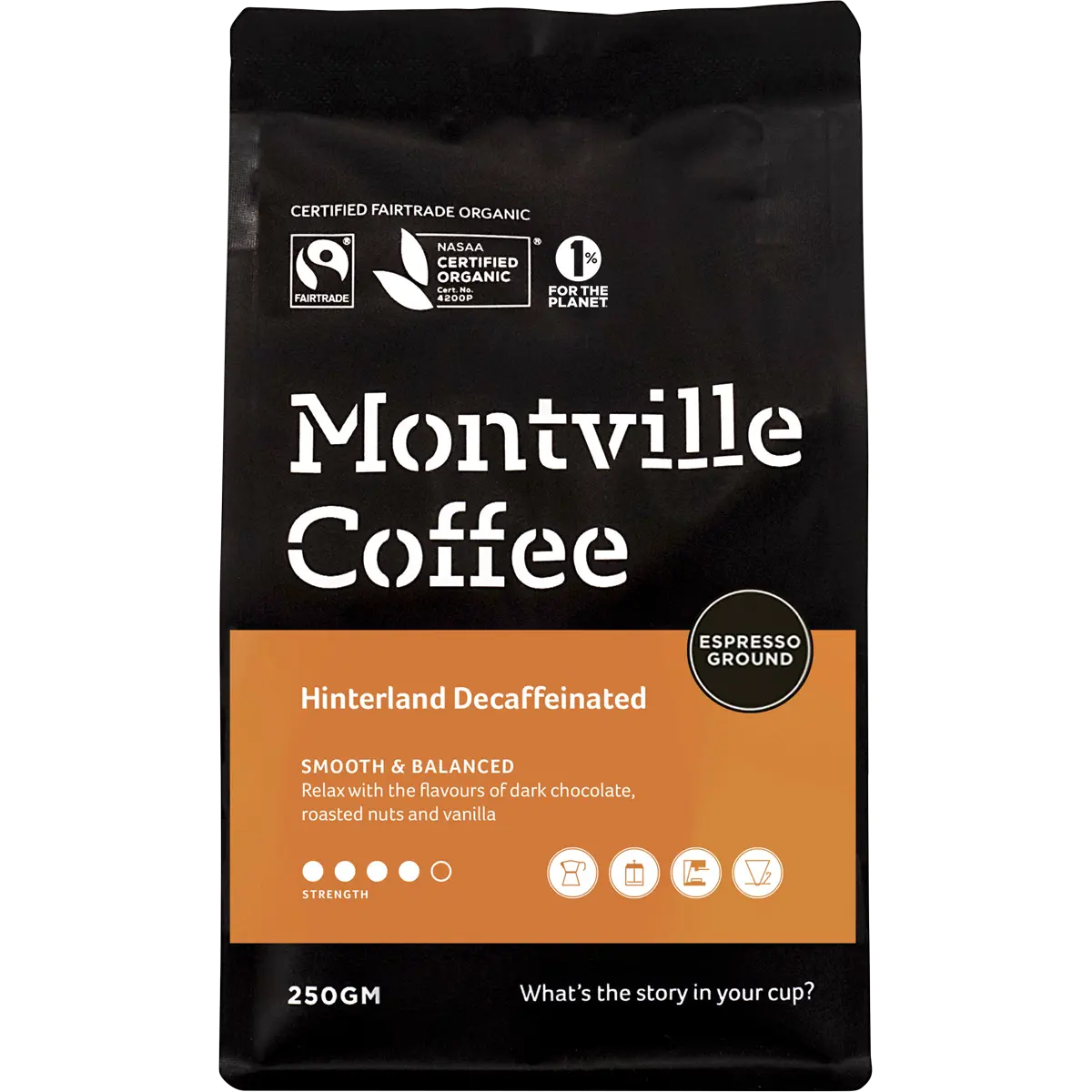Montville Coffee Decaf Coffee Ground Espresso Hinterland Blend 250g