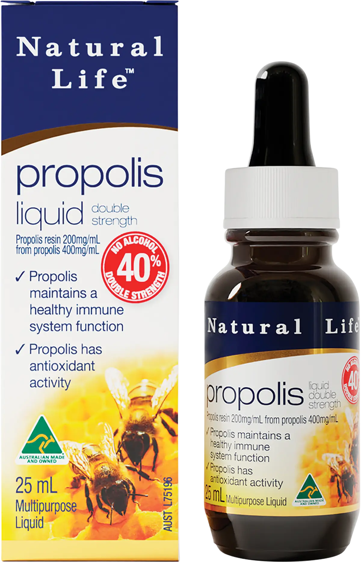 Natural Life Propolis Liquid No Alcohol (40%) Double Strength 25ml — front pack image (UHP)
