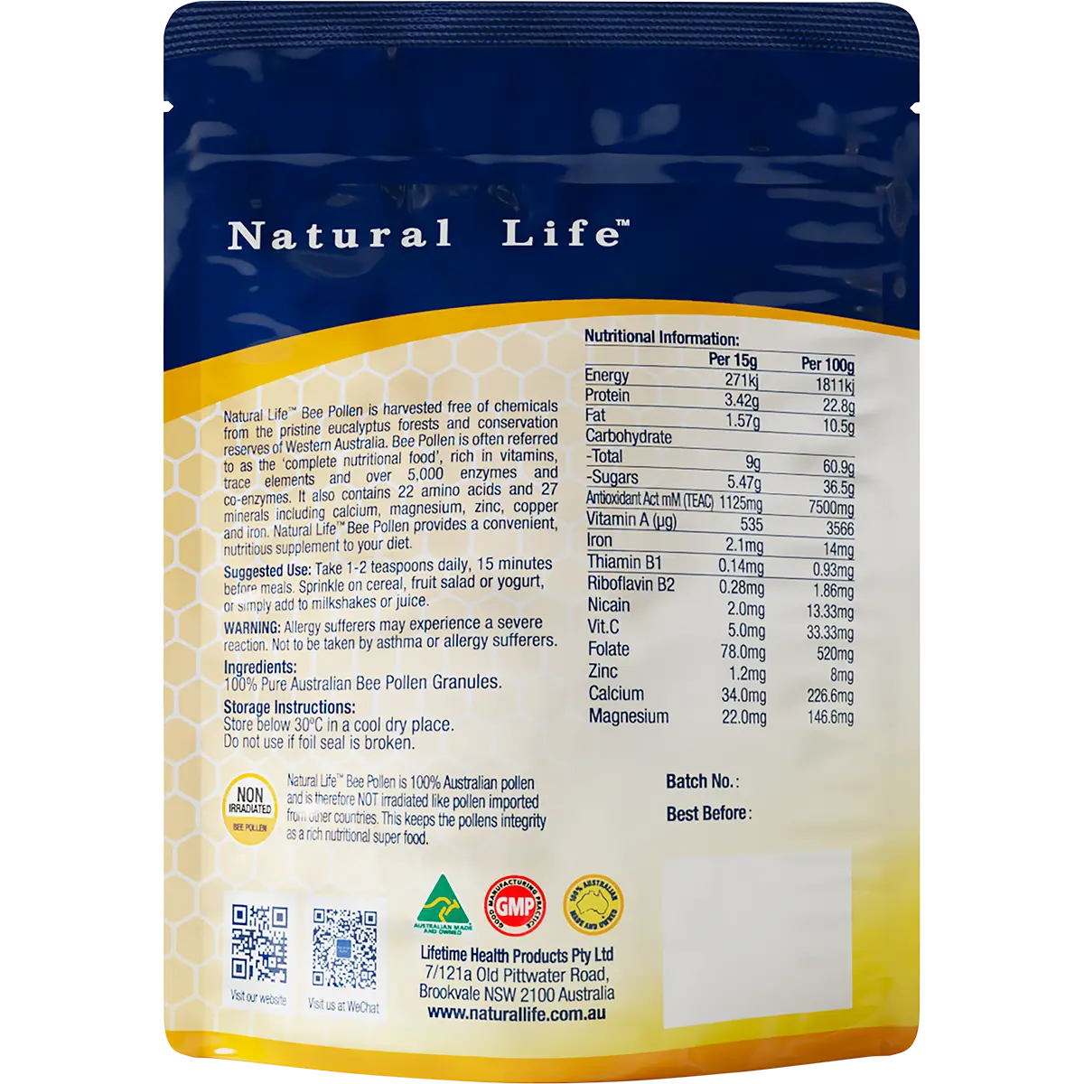 Natural Life Bee Pollen Granules 250g — back pack image (UHP)