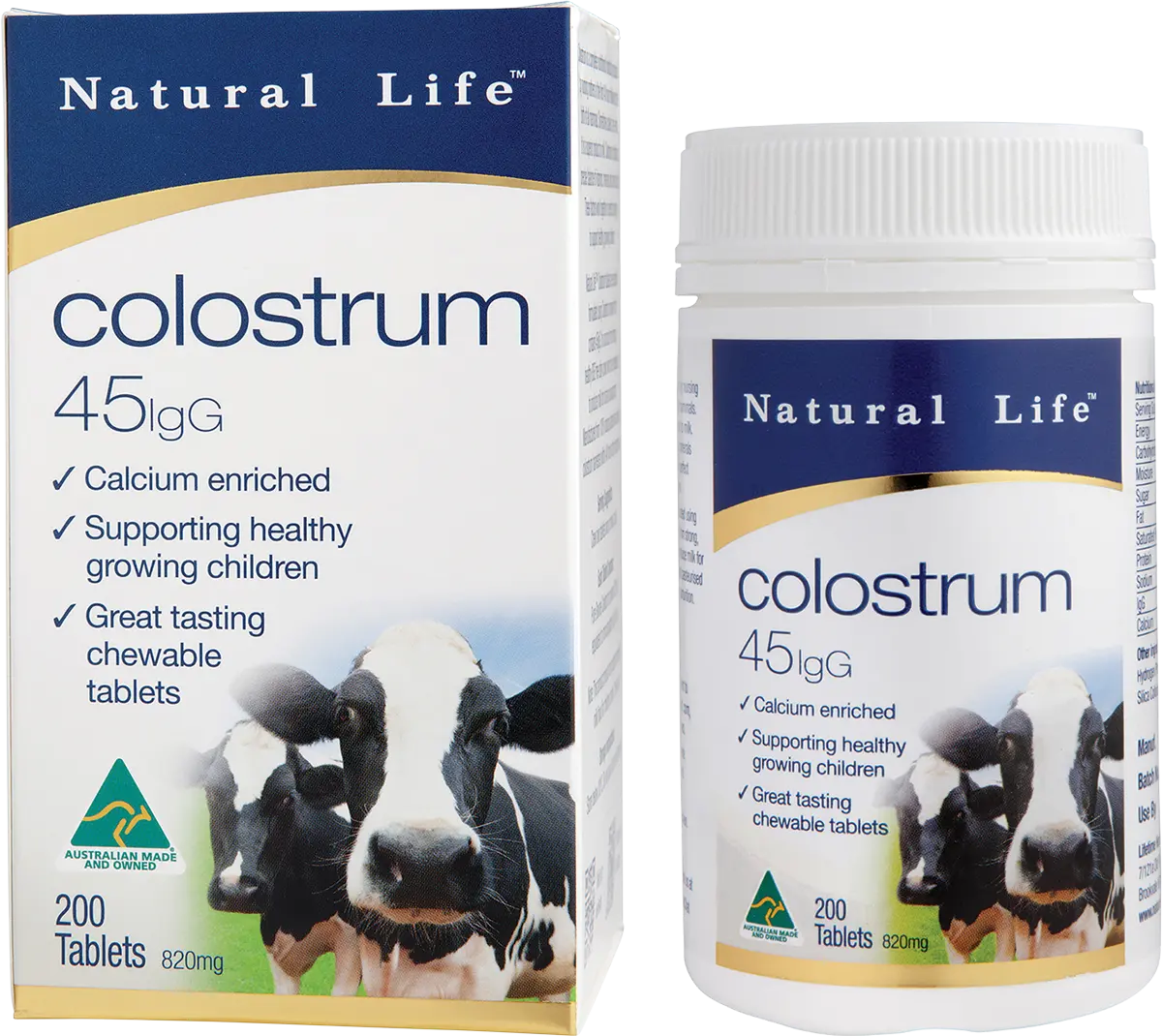 Natural Life Bovine Colostrum 45mg IgG 200 Chewable Tablets — front pack image (UHP)