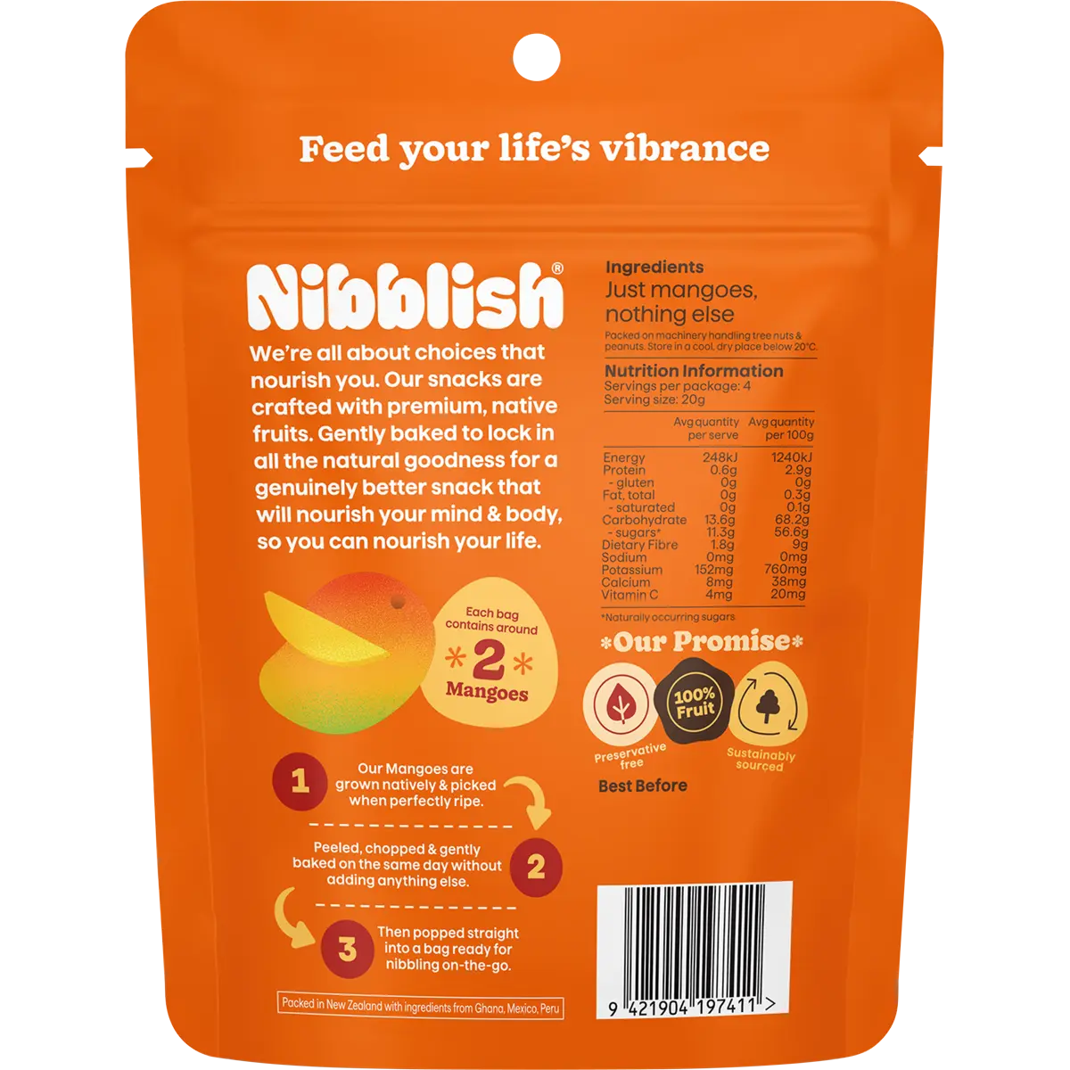 Nibblish Gently Baked Mango 80g — back pack image (UHP)
