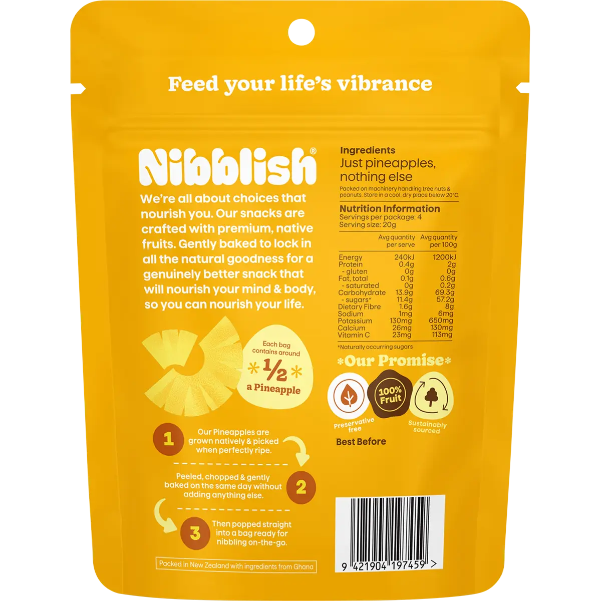 Nibblish Gently Baked Pineapple 80g — back pack image (UHP)