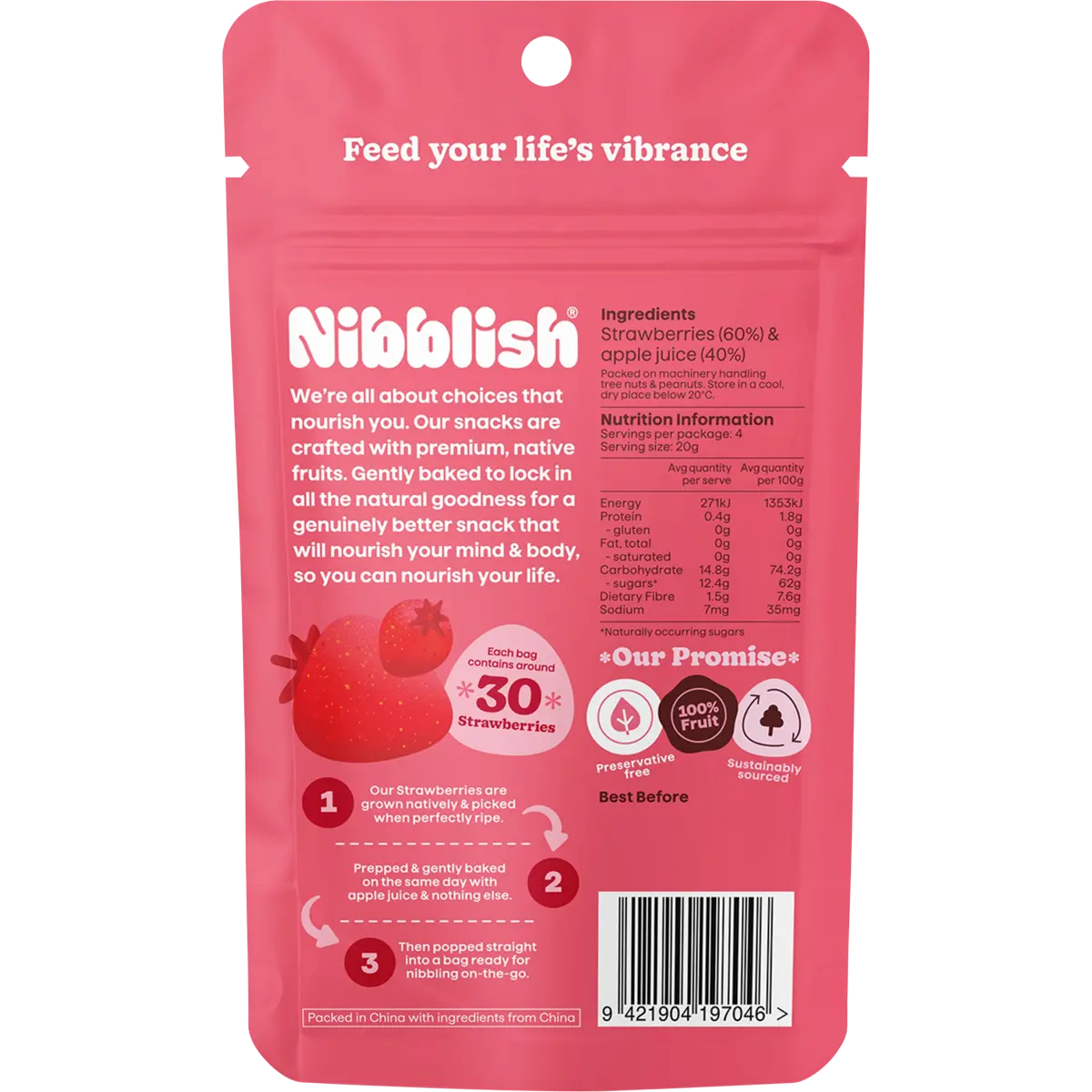 Nibblish Gently Baked Strawberry 80g — back pack image (UHP)