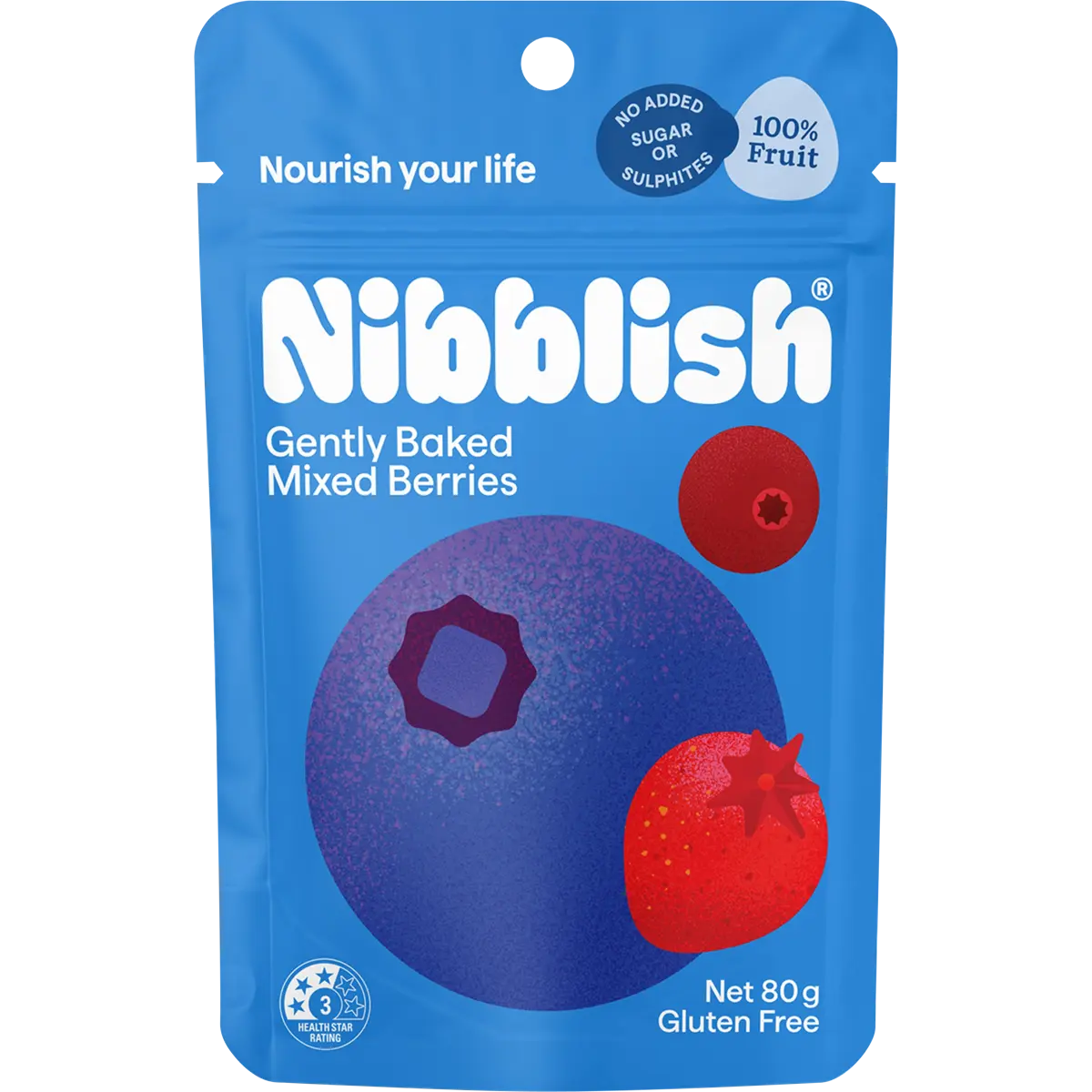 Nibblish Gently Baked Mixed Berries 80g — front pack image (UHP)