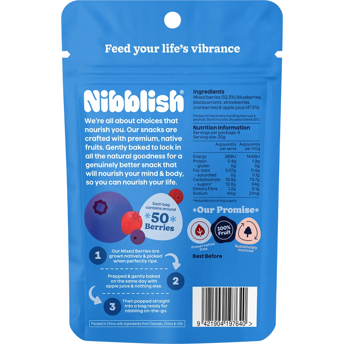 Nibblish Gently Baked Mixed Berries 80g — back pack image (UHP)