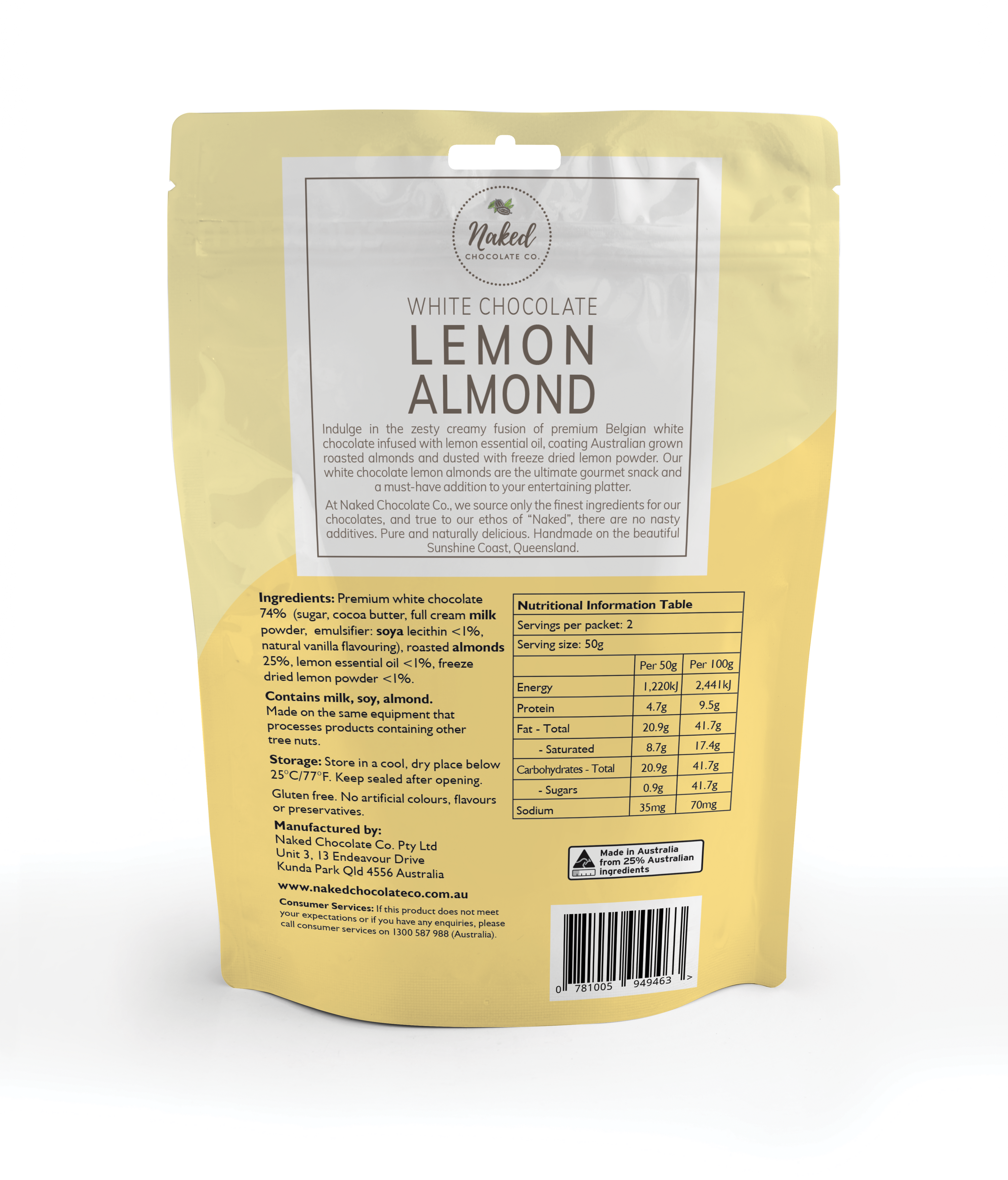 Naked Chocolate Co Lemon Almond White Chocolate 100g