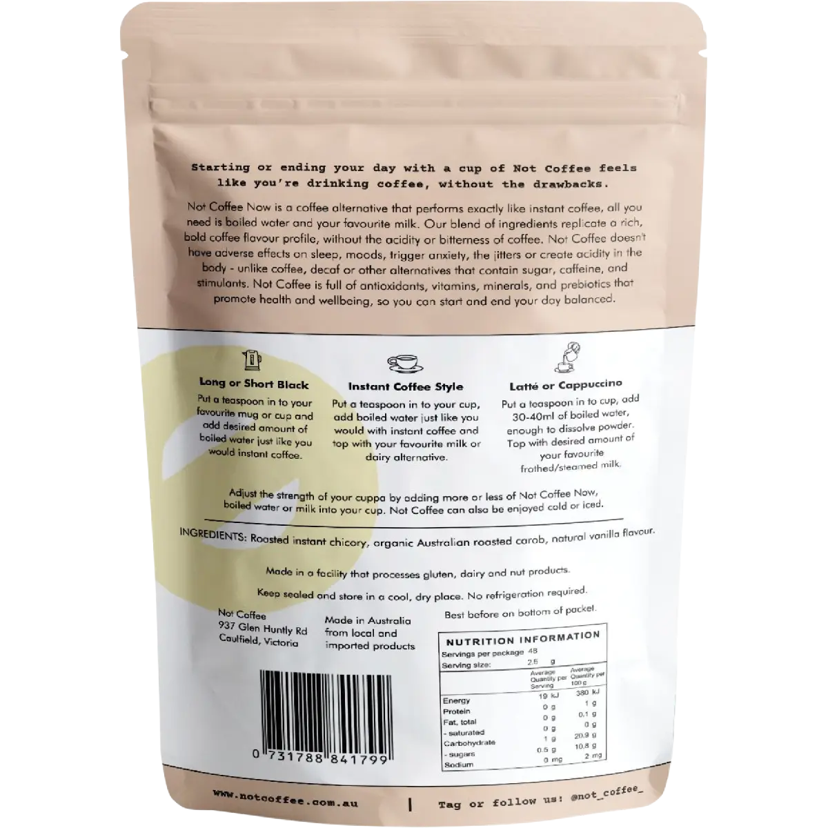 Not Coffee Instant Coffee Alternative Vanilla 120g — back pack image (UHP)