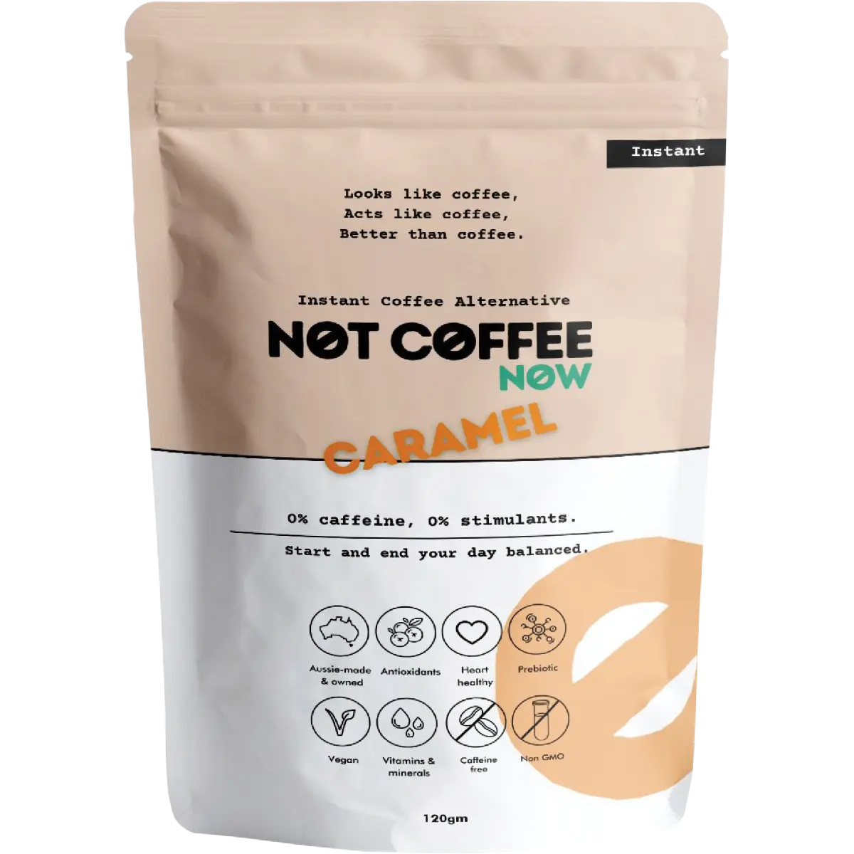 Not Coffee Instant Coffee Alternative Caramel 120g — front pack image (UHP)