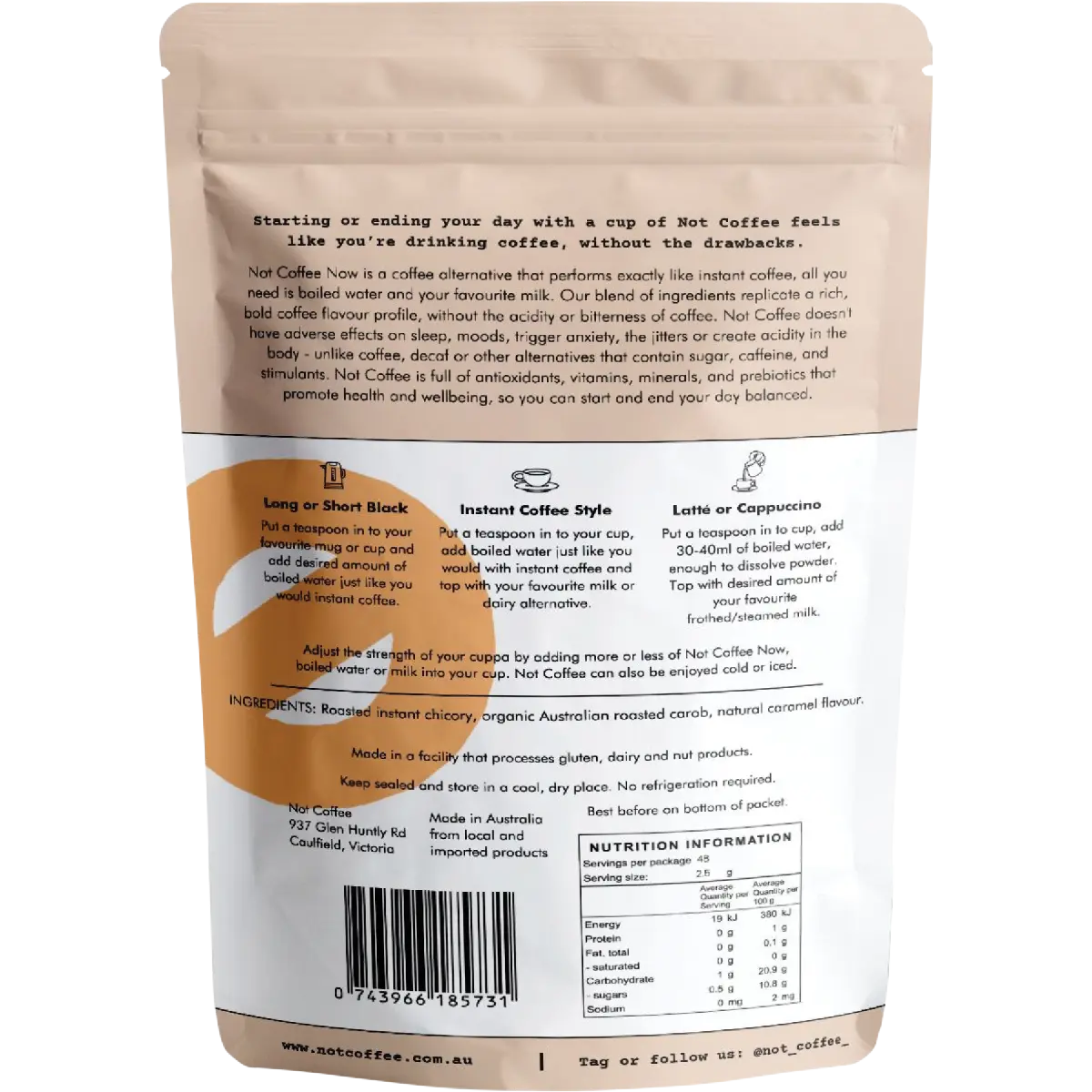 Not Coffee Instant Coffee Alternative Caramel 120g — back pack image (UHP)