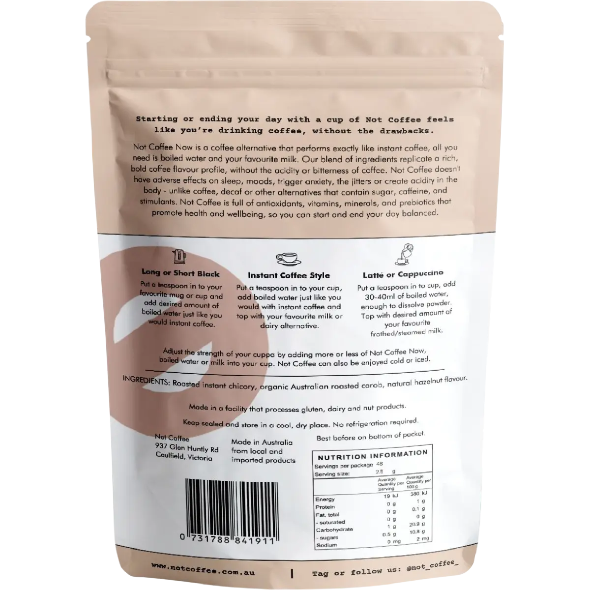 Not Coffee Instant Coffee Alternative Hazelnut 120g — back pack image (UHP)