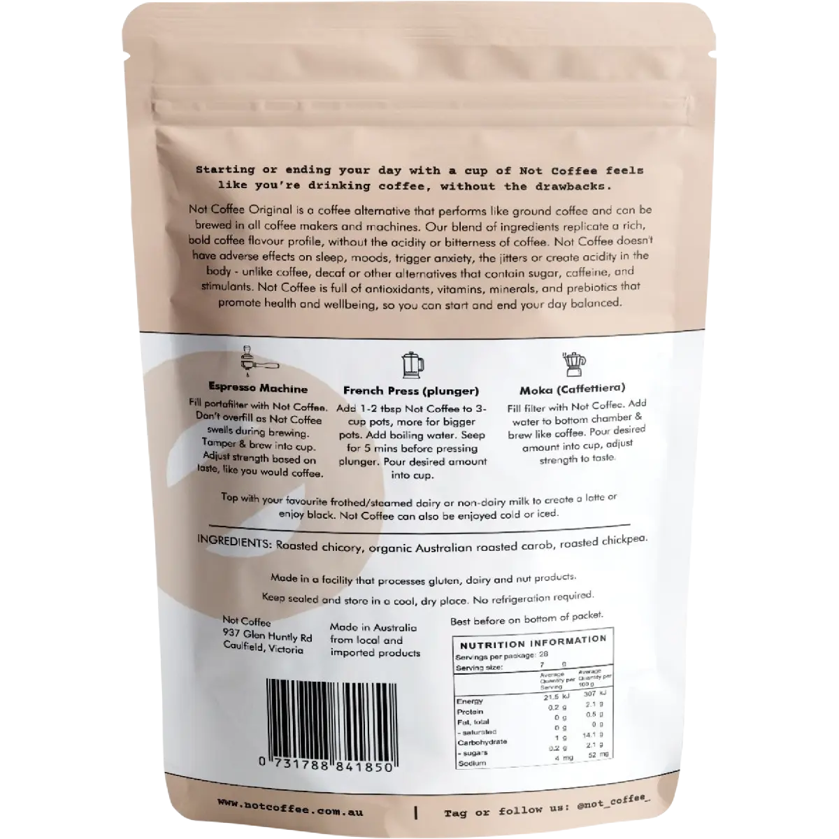 Not Coffee Ground Coffee Alternative Original 200g — back pack image (UHP)
