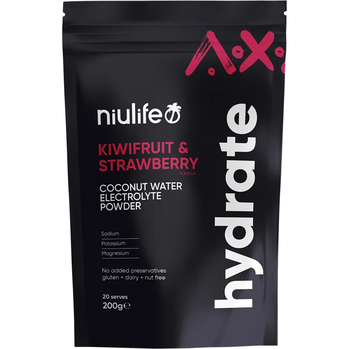 Niulife Hydrate Electrolyte Powder Kiwifruit & Strawberry 200g — front pack image (UHP)