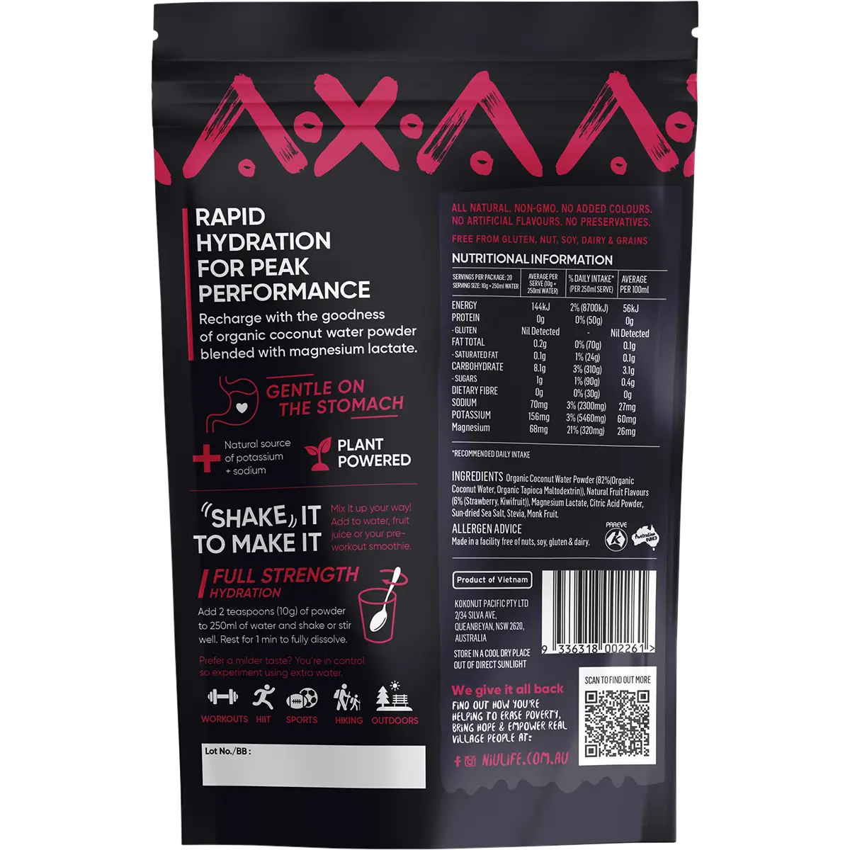 Niulife Hydrate Electrolyte Powder Kiwifruit & Strawberry 200g — back pack image (UHP)