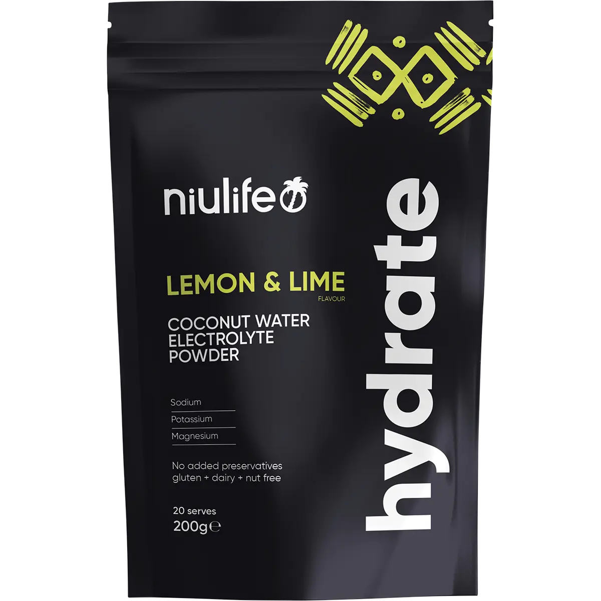 Niulife Hydrate Electrolyte Powder Lemon & Lime 200g — front pack image (UHP)