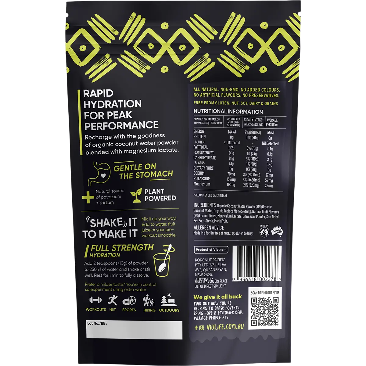 Niulife Hydrate Electrolyte Powder Lemon & Lime 200g — back pack image (UHP)