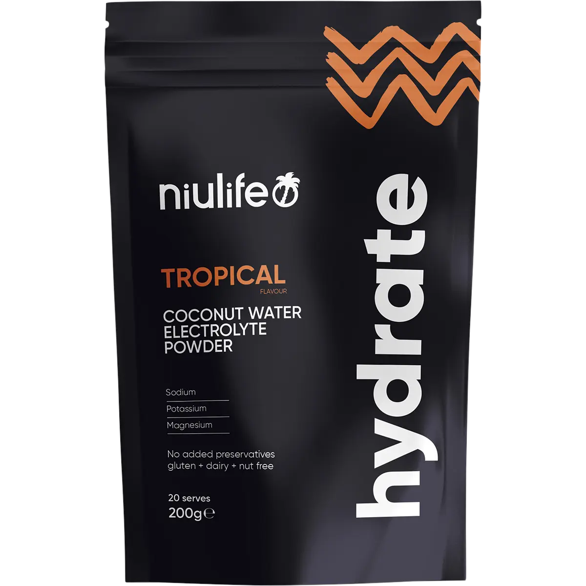 Niulife Hydrate Electrolyte Powder Tropical 200g — front pack image (UHP)