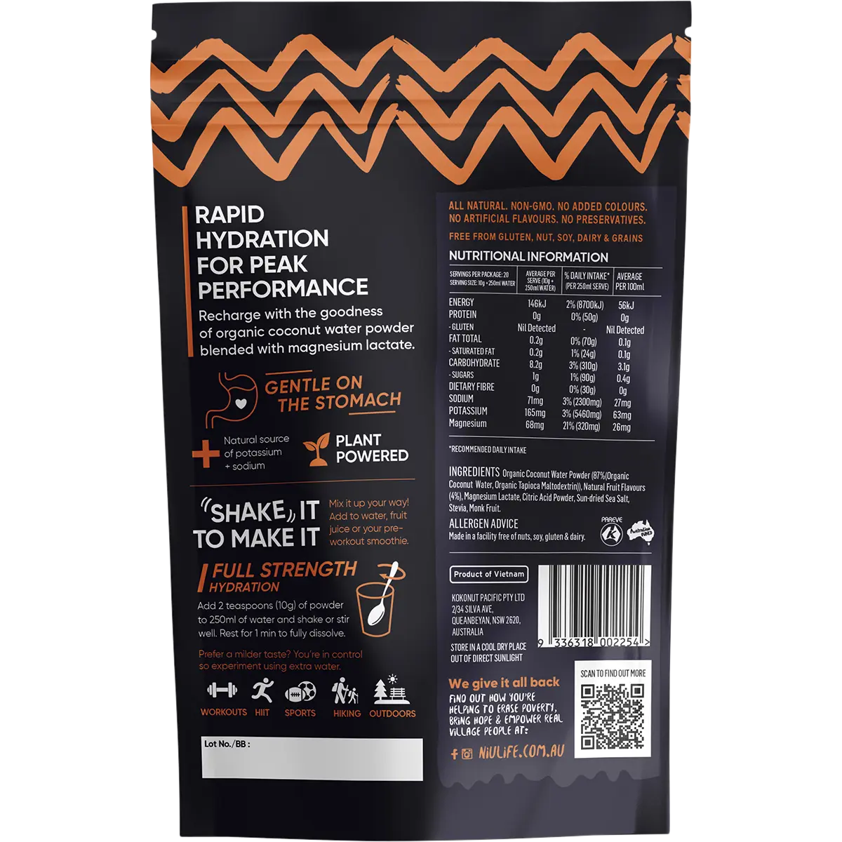 Niulife Hydrate Electrolyte Powder Tropical 200g — back pack image (UHP)
