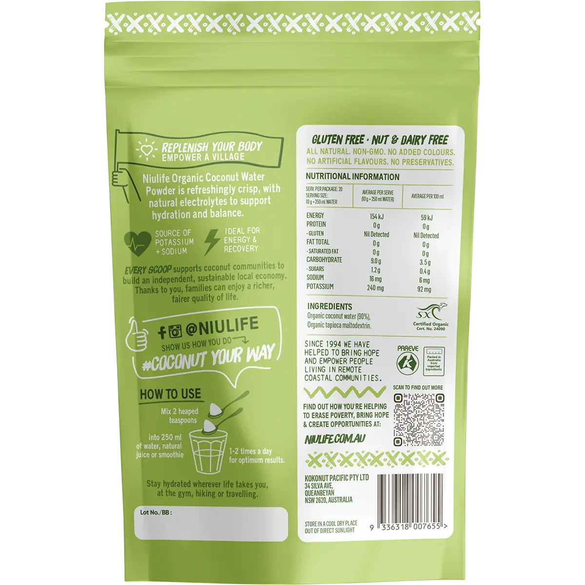 Niulife Organic Coconut Water Powder 200g — back pack image (UHP)