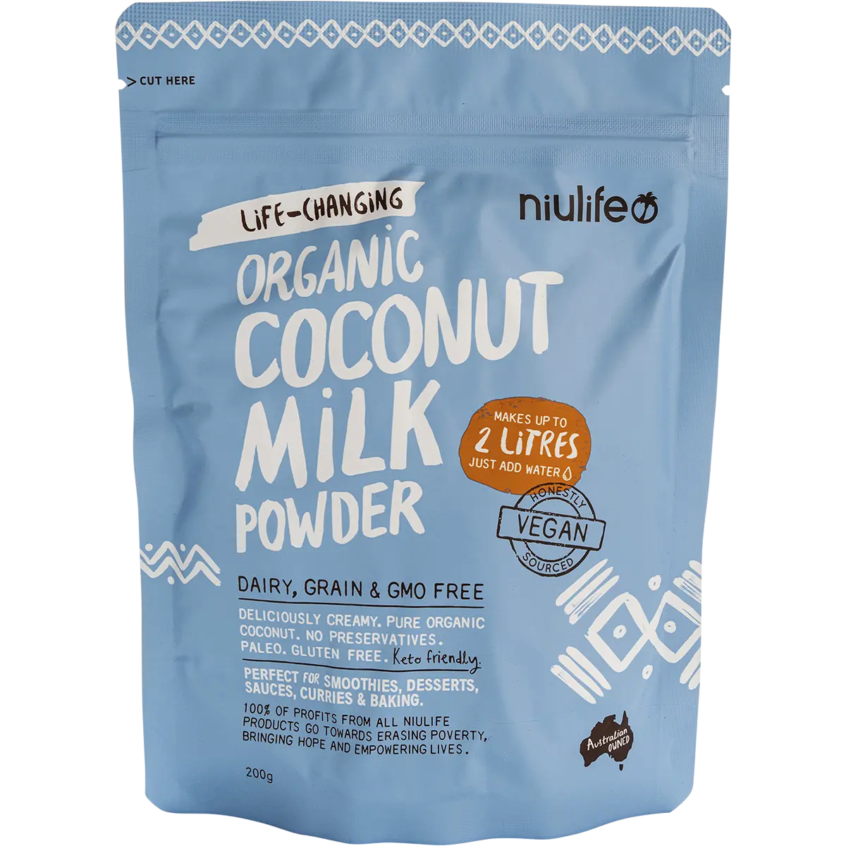 Niulife Coconut Milk Powder Makes Up To 2 Litres 200g — front pack image (UHP)
