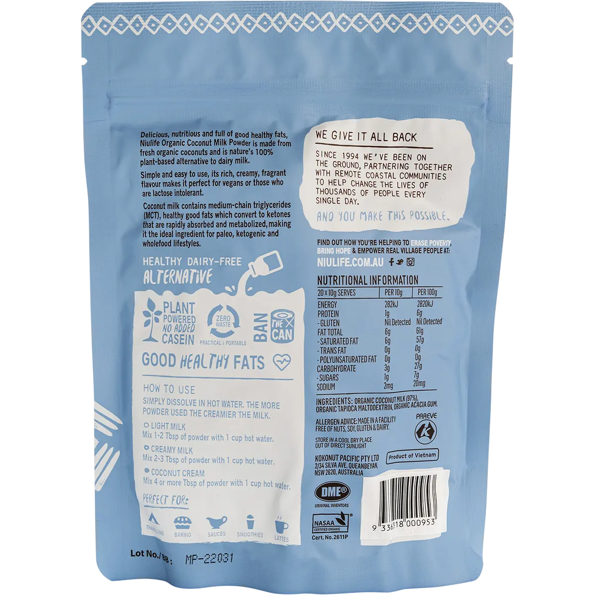 Niulife Coconut Milk Powder Makes Up To 2 Litres 200g — back pack image (UHP)