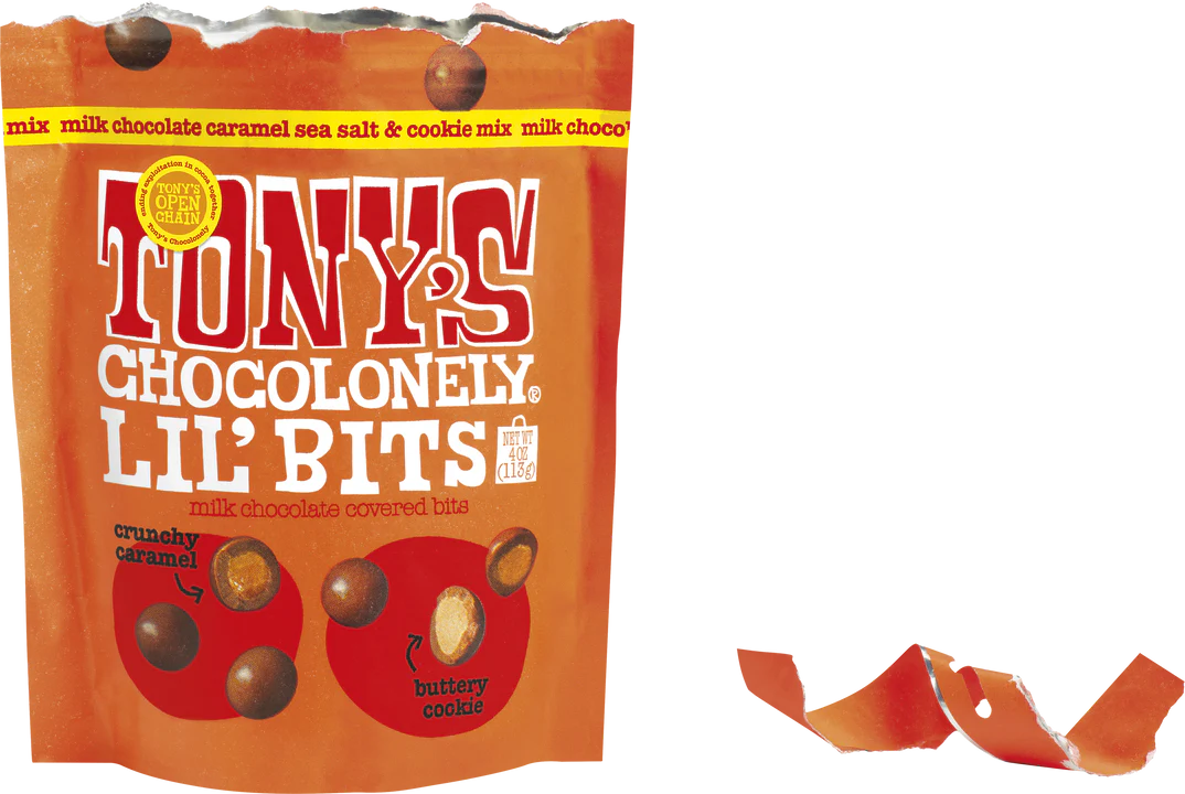 Tony’s Chocolonely Lil’Bits Milk Caramel Sea Salt & Cookie Mix 113 Gram