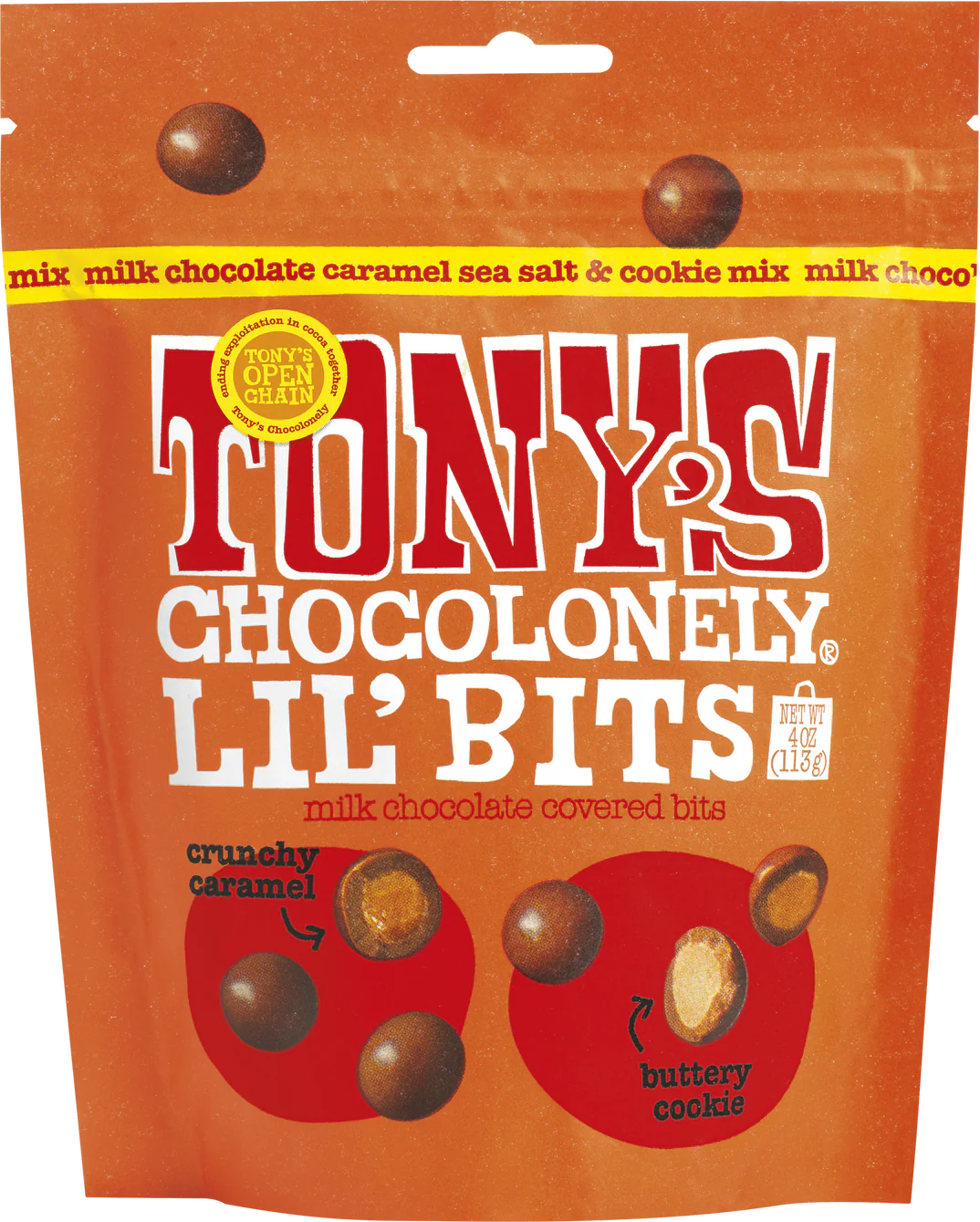 Tony’s Chocolonely Lil’Bits Milk Caramel Sea Salt & Cookie Mix 113 Gram