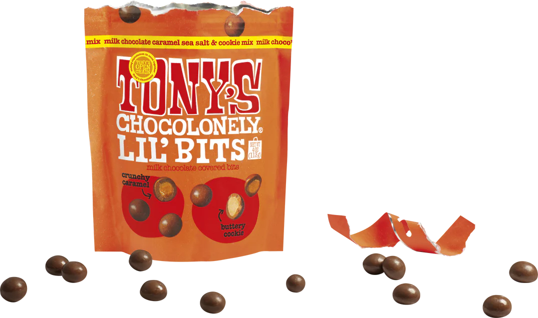 Tony’s Chocolonely Lil’Bits Milk Caramel Sea Salt & Cookie Mix 113 Gram