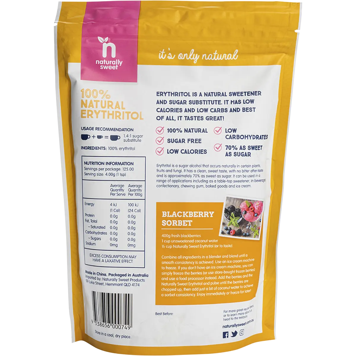 Naturally Sweet 100% Natural Erythritol — back pack image (UHP)