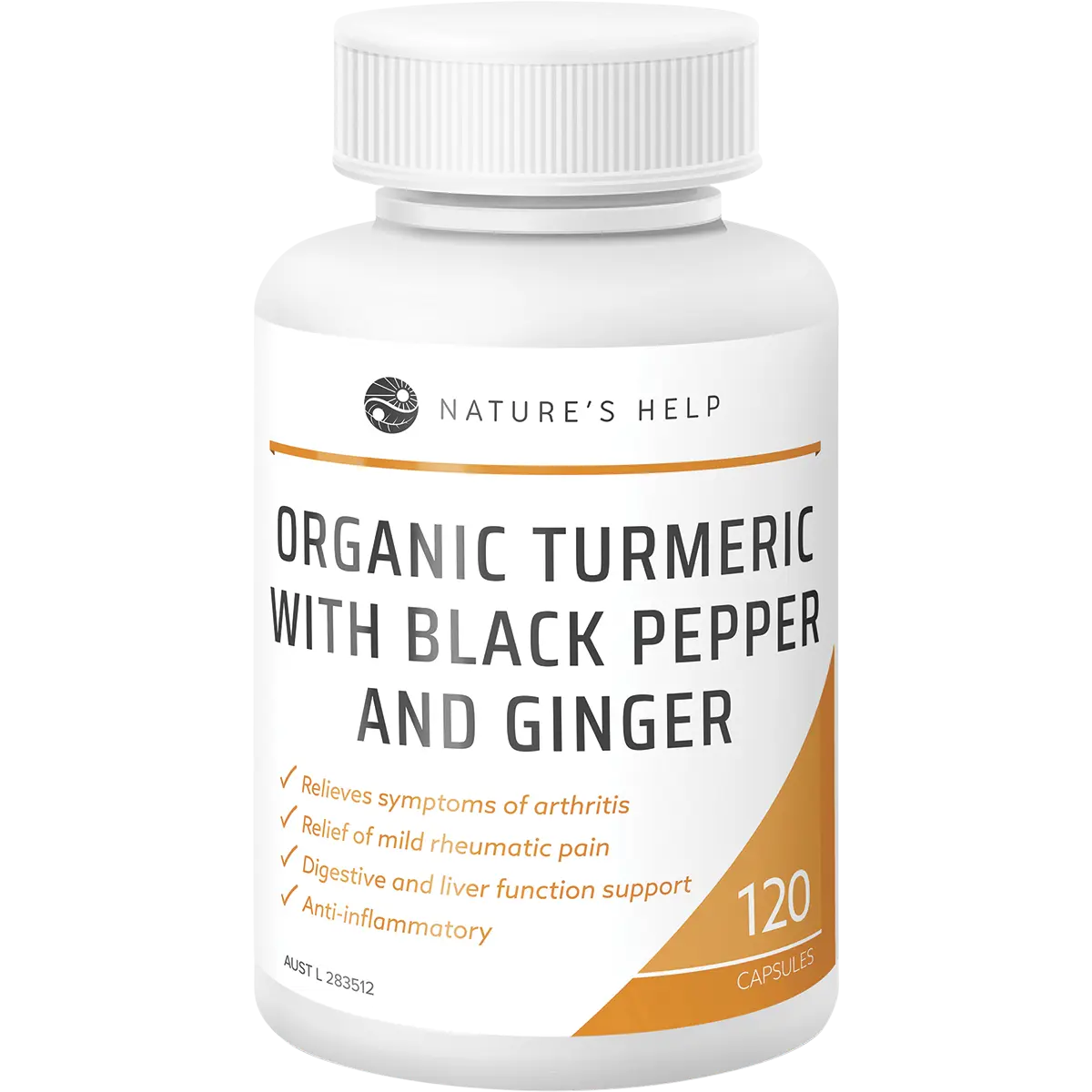 Nature's Help Organic Turmeric With Black Pepper & Ginger 120 Capsules — front pack image (UHP)