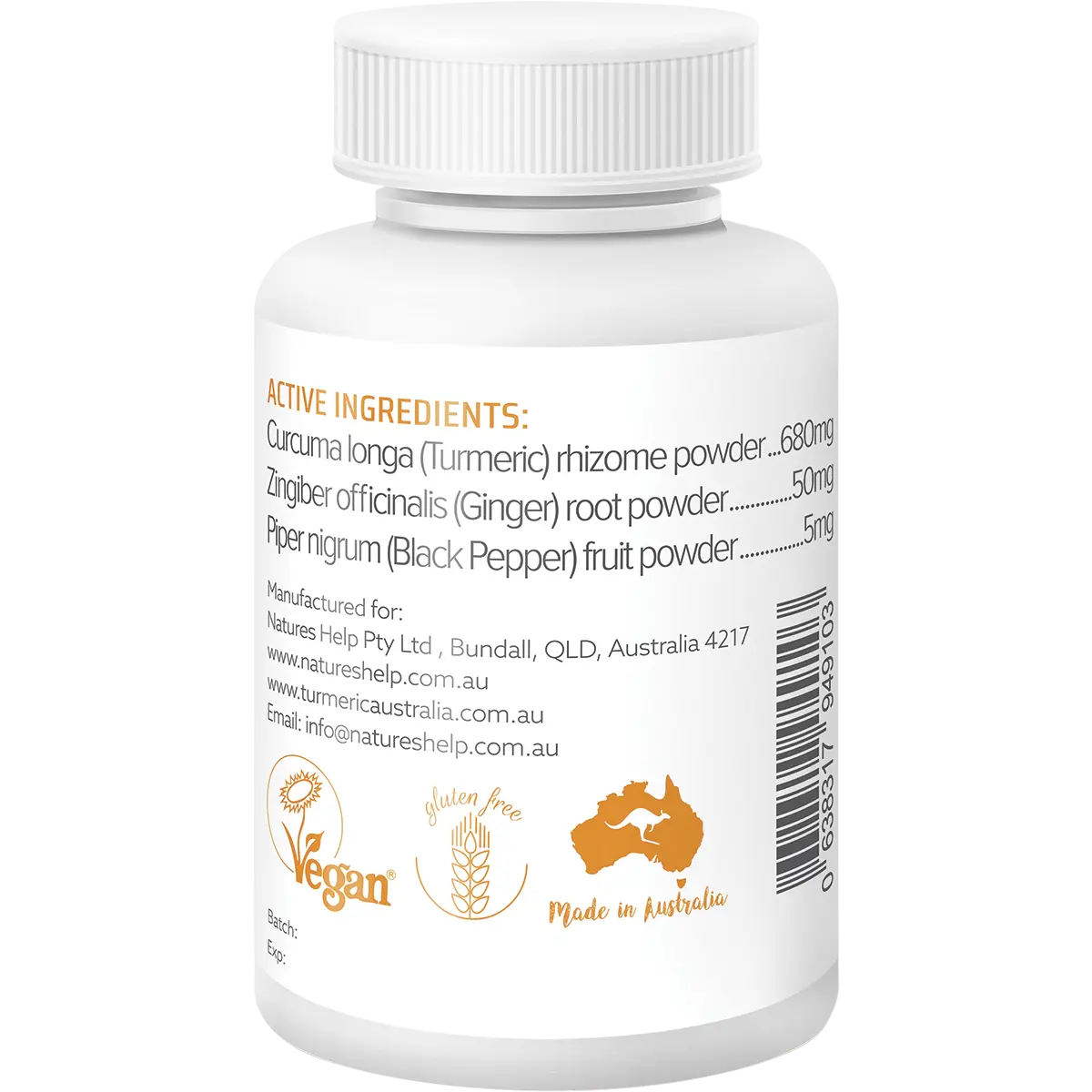 Nature's Help Organic Turmeric With Black Pepper & Ginger 120 Capsules — side pack image (UHP)