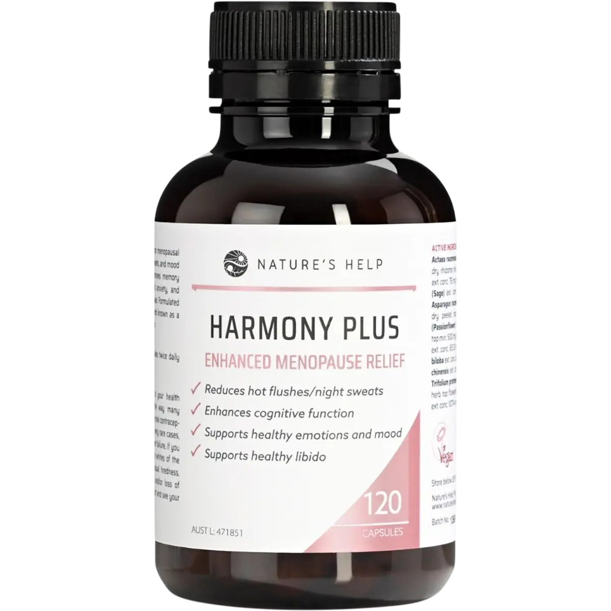 Nature's Help Harmony Plus Enhanced Menopause Relief 120 Caps — front pack image (UHP)
