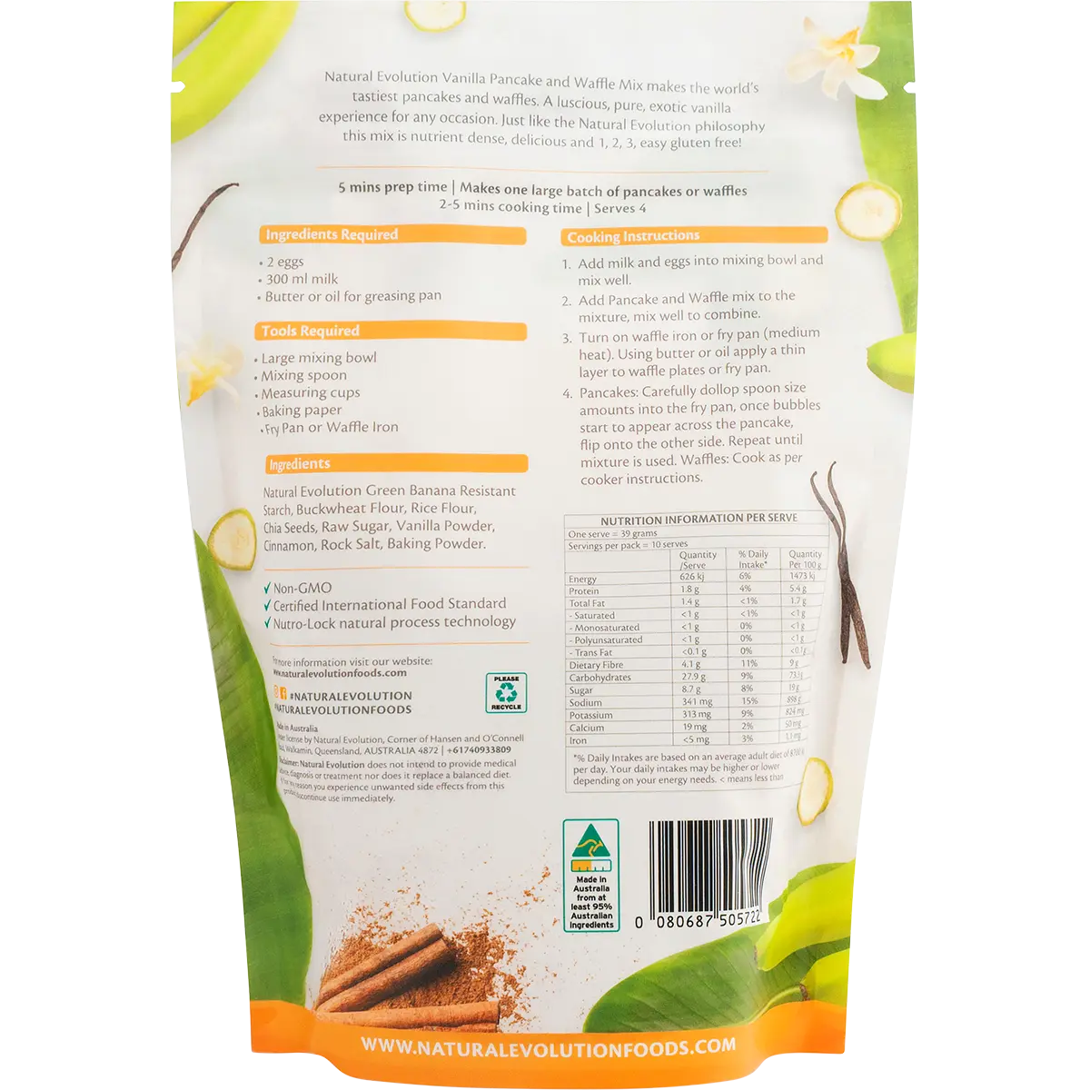 Natural Evolution Vanilla Pancake & Waffle Mix  389g — back pack image (UHP)