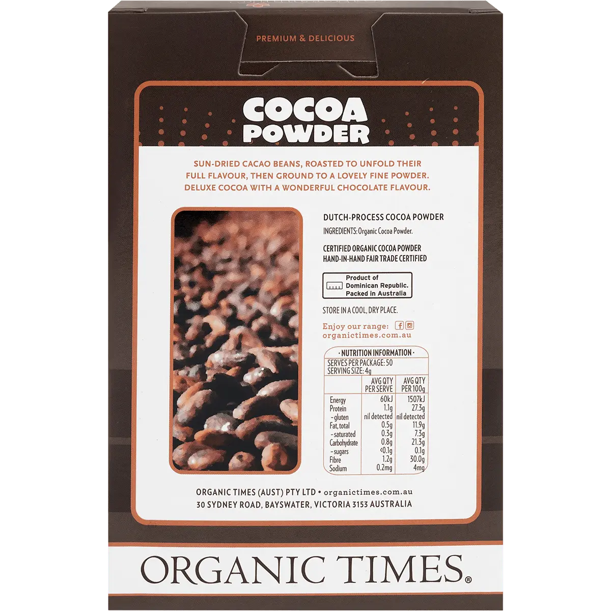 Organic Times Cocoa Powder — back pack image (UHP)