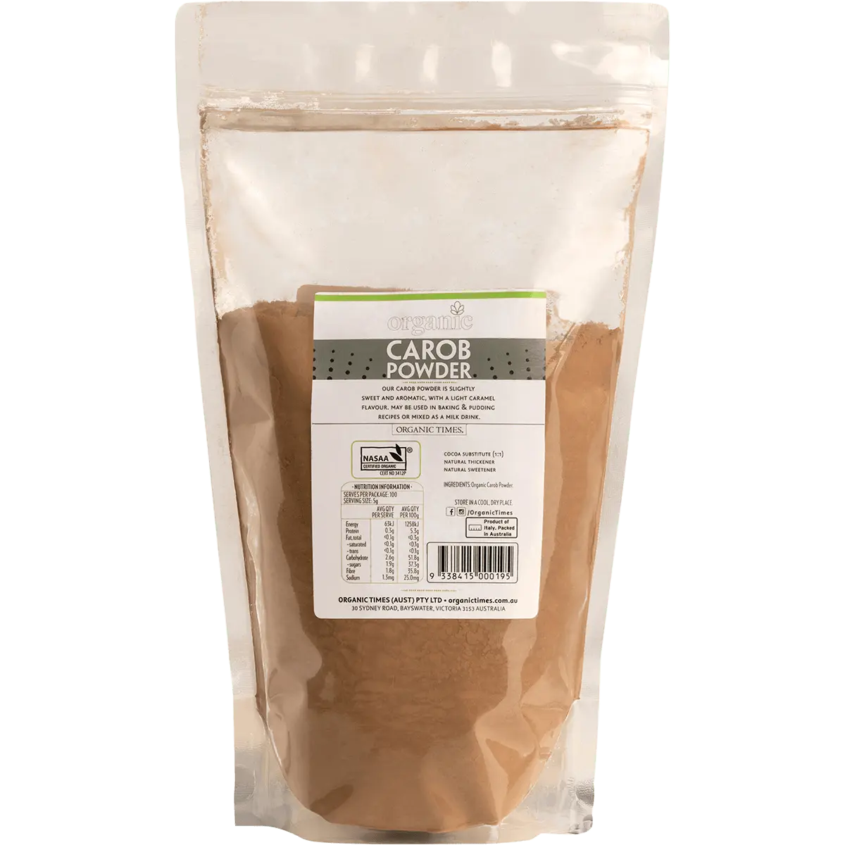 Organic Times Carob Powder 500g — back pack image (UHP)