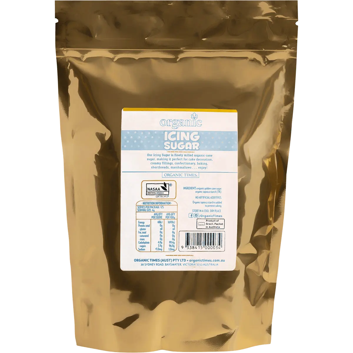 Organic Times Icing Sugar 500g — back pack image (UHP)