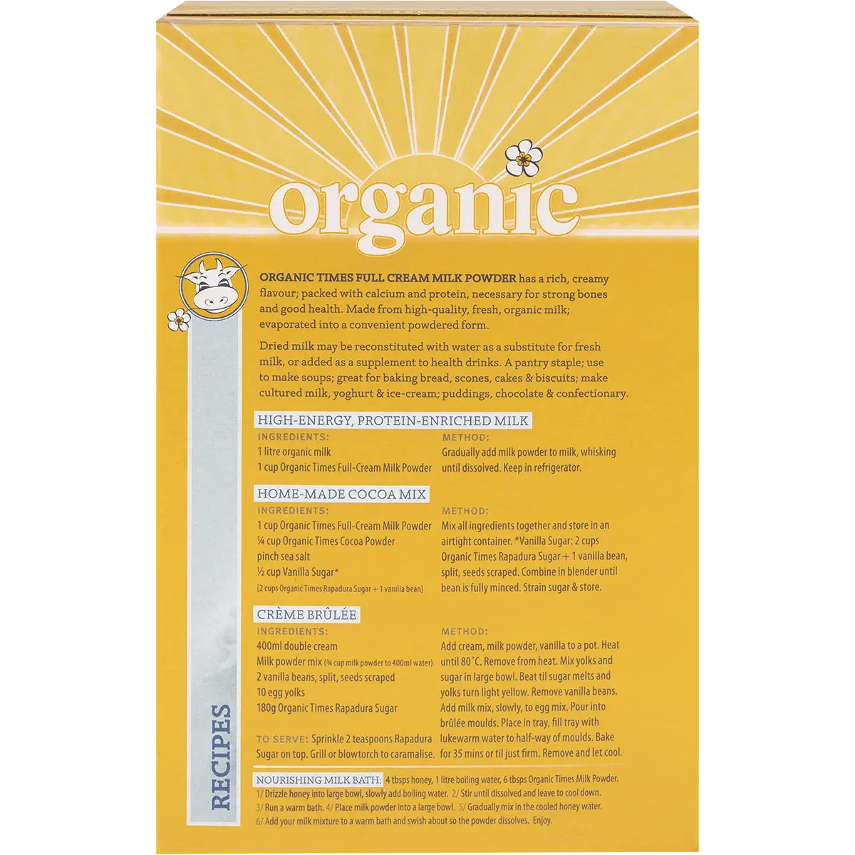 Organic Times Milk Powder Full Cream 300g — back pack image (UHP)